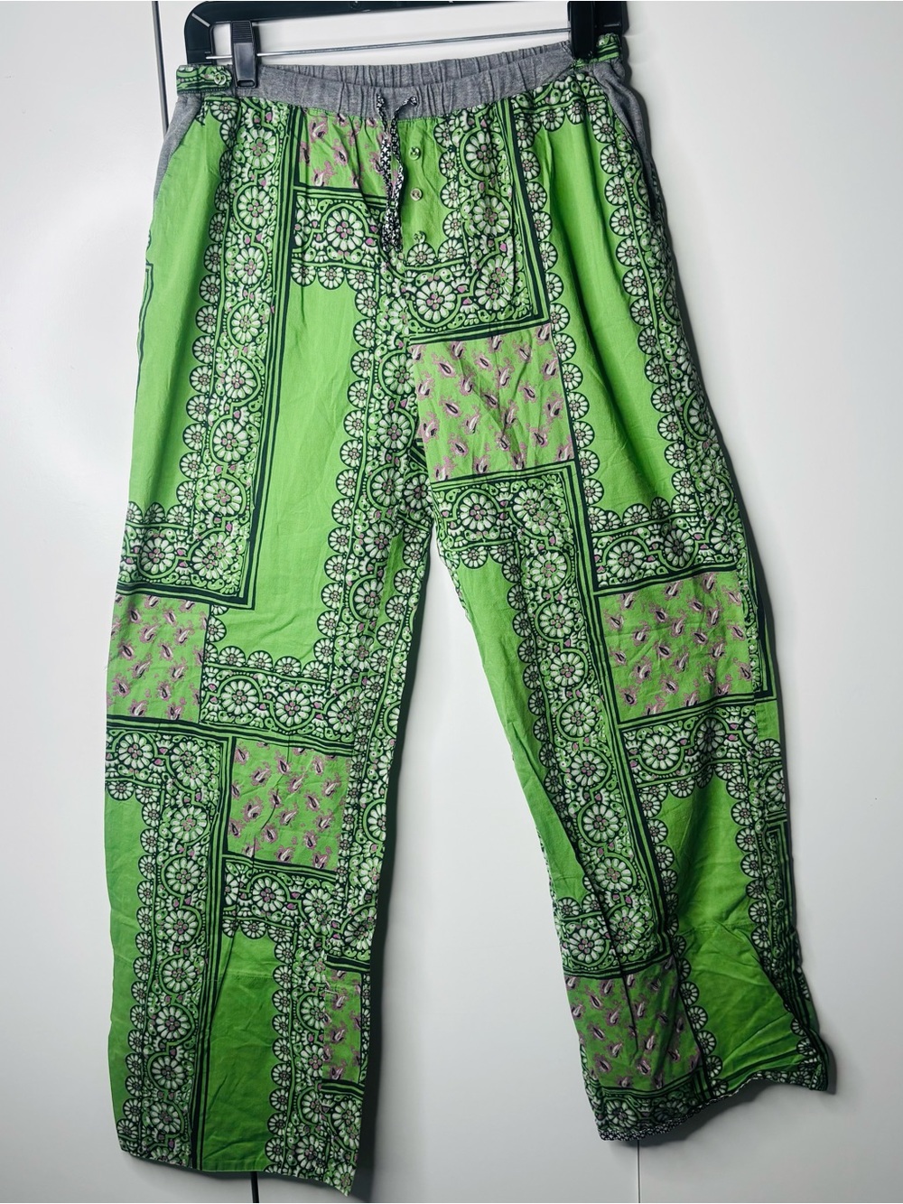 Anthropologie Green Patterned Drawstring Joggers with Pink Accents